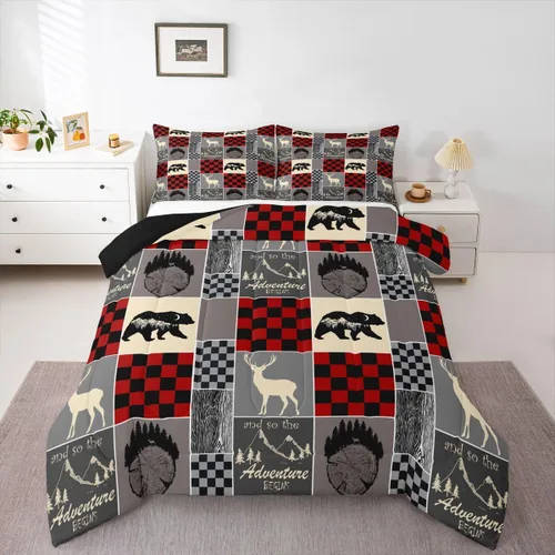 Miniatura 109 de Juego de edredón de oso y ciervo, tamaño individual, ropa de cama de animales salvajes de caza, colcha rústica de cabaña, casa de campo, cuadros