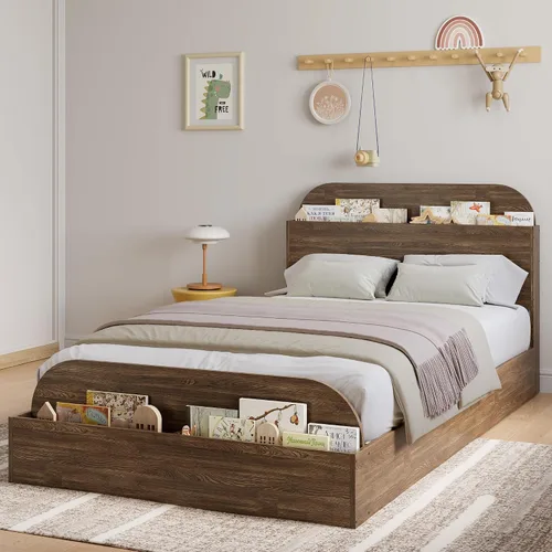 Miniatura 11 de Estructura de cama Garvee tamaño individual con cabecero y estribo – Cama de plataforma baja para niños, diseño de piso doble de madera, sin ruido