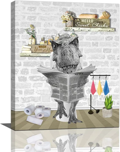 Miniatura 9 de Fuzawet Arte de pared de oso para decoración de baño, lienzo de lectura de periódico, negro en el inodoro, imágenes divertidas de animales