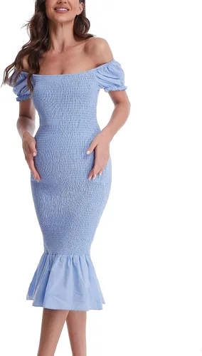 Miniatura 2 de Vestido de maternidad de verano a media pierna, manga corta abombada, cuello cuadrado, dobladillo con volantes, vestido de sirena para baby shower
