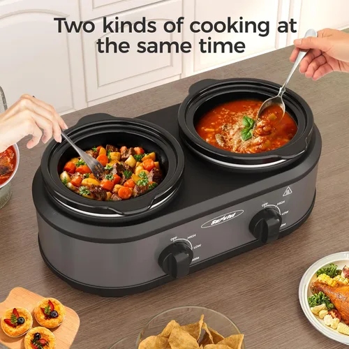 Miniatura 2 de Sunvivi Olla de cocción lenta doble, servidores de buffet y calentador con 2 ollas de cerámica extraíbles, calentador de alimentos de cocción lenta