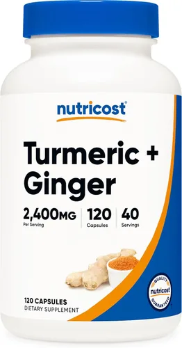 Nutricost Cápsulas de Cúrcuma + Jengibre con Bioperine, 2400mg Por Porción, 120 Cápsulas - Sin OMG, Sin Gluten, 40 Porciones