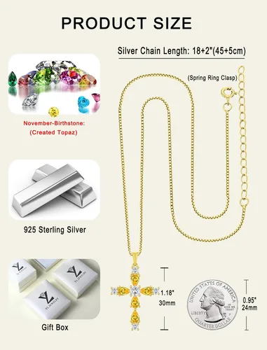 Miniatura 137 de YL Collar de cruz de plata de ley 925 con colgante de piedra natal religiosa para mujer