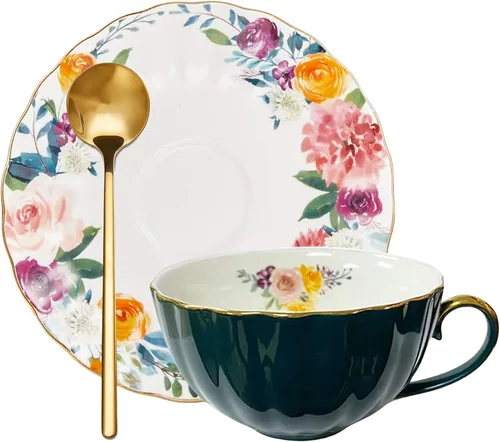 Miniatura 5 de ONEUSTAR Juego de taza de té y platillo para 1 taza de té floral de porcelana de hueso con cuchara, taza de café de 8 onzas, taza de capuchino latte