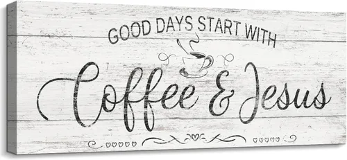 Letrero cristiano de café para decoración – Good Days Start with Coffee & Jesus – Placa de lona rústica para colgar en la pared del hogar, cocina,