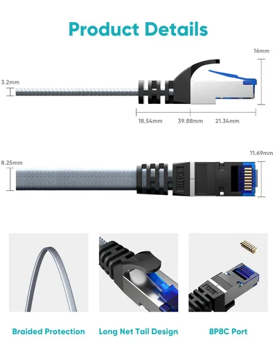 Miniatura 4 de BUSOHE Cable Ethernet Cat 8 de 50 pies, cable para conexión de red LAN, 26AWG de nailon trenzado de alta velocidad, cable plano aislado de 40 Gbps