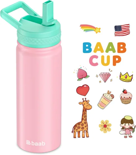 Miniatura 13 de baab Botella de agua para niños de 18 onzas, botella de agua aislada con popote y calcomanías, taza con popote de agua para niños de acero