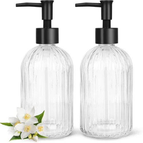 Miniatura 24 de Topsky Paquete de 2 dispensadores de jabón de vidrio con bomba de plástico negro, dispensador de jabón líquido de manos de 11.2 fl oz, bomba a