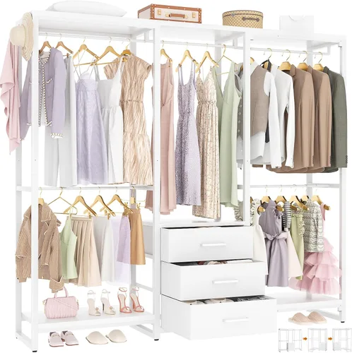 Miniatura 8 de Aheaplus Perchero de ropa resistente para colgar ropa, estante de ropa con cajones, estante de madera para armario independiente, organizador de Gris