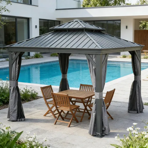 Miniatura 44 de Domi - Cenador de techo rígido de 8 x 8 pies con malla y cortinas, cenador para exteriores con techo doble de acero galvanizado para patio, césped