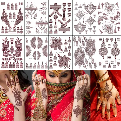 10 hojas de tatuajes de henna temporales, calcomanías de tatuaje marrón para mujeres, calcomanías de arte corporal para bodas y fiestas (10P