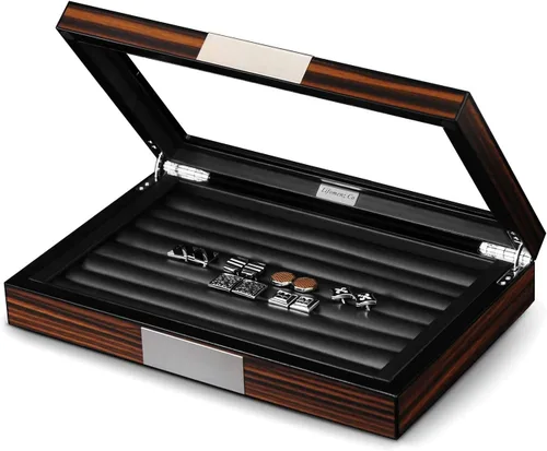 Caja de gemelos de madera con ventana de cristal para gemelos, organizador de anillos y caja de gemelos para hombres con capacidad para 36-46 pares