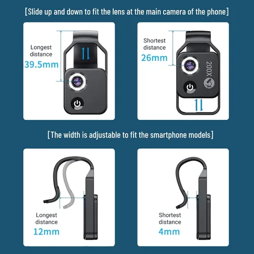 Miniatura 8 de Diyeeni Microscopios de bolsillo para teléfono, 200X Zoom Clip en Microscopios Lupa con lente CPL y luz LED, lente microscópica portátil