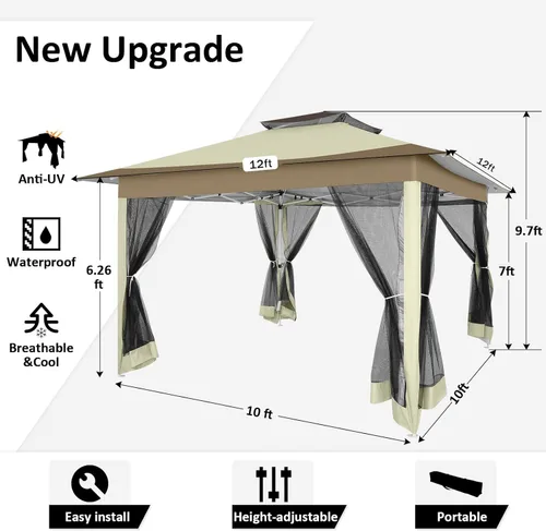 Miniatura 3 de COBIZI - Tienda desplegable de 3,66 x 3,66 metros en oferta - Cenador portátil de metal para exteriores con mosquitero, impermeable - Cenador Caqui