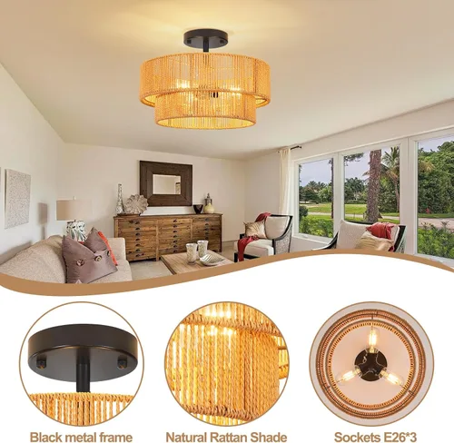Miniatura 4 de ZECOXOL Lámpara de Techo de Ratán Moderna Bohemia Chandelier de Montaje Empotrado Luz de Techo de 3 Luces 12.99", Lámparas de Luz de Mimbre Tejido