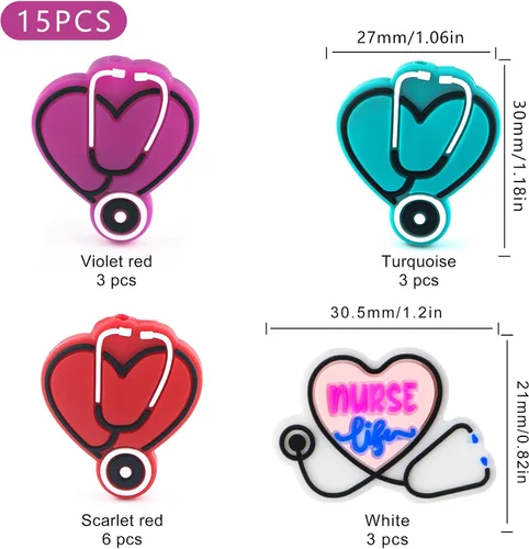 Miniatura 2 de Sunrony 15 cuentas focales de silicona para hacer llaveros, cuentas de silicona focales de estetoscopio para bolígrafos, pulseras, collares