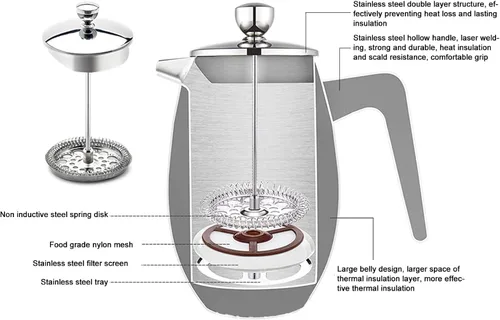 Miniatura 6 de Cafetera de prensa francesa, acero inoxidable de grado 304 con cuchara, tetera de prensa francesa aislada de doble pared para el hogar, 27.1 fl oz