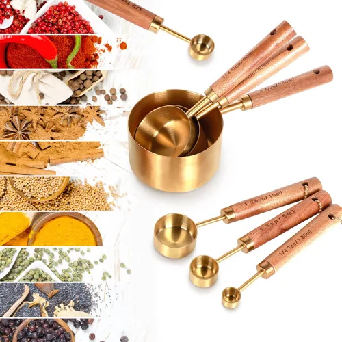 Miniatura 2 de Colección de 8 tazas medidoras doradas y cucharas medidoras, dorado con asas de madera fragante, juego completo de tazas y cucharas medidoras