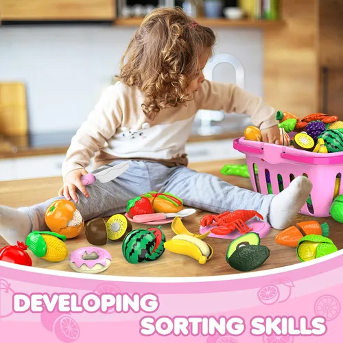 Miniatura 3 de Juego de 94 piezas de alimentos de corte para cocina infantil (45 artículos), comida de juego de simulación con cesta de la compra, accesorios