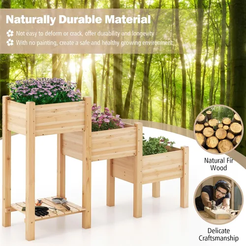 Miniatura 3 de Giantex Juego de 3 camas de jardín elevadas, jardinera de madera con estante de almacenamiento, camas elevadas para frutas, verduras, flores, Natural