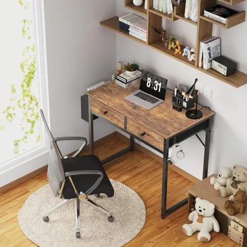 Miniatura 2 de Lufeiya Escritorio pequeño para computadora con 2 cajones para dormitorio, escritorio de oficina en casa de 31 pulgadas con cajón de tela de Marrón