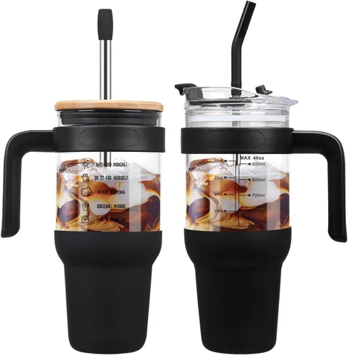 chunmo Vaso de vidrio de 40 onzas con 2 tapas, tapa de popote de bambú y tapa para popote 2 en 1 para sorber y voltear, taza de café helado con asa,