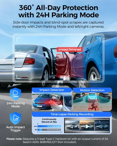 Miniatura 4 de AZDOME Cámara de Tablero de 360° de 4 Canales Frontal y Trasera Interior, eMMC Integrado de 128GB, 2K+1080P*3 Dashcam, Izquierda Derecha, Control