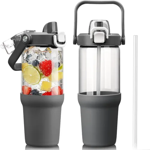 Miniatura 15 de Vaso de vidrio con asa de transporte, botella de agua de vidrio transparente con tapa a prueba de fugas, tapa de boquilla y popote, sin BPA, 32