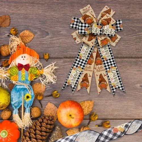 Miniatura 3 de Hying 2 rollos de cintas de gnomos de otoño para lazos de corona, cinta de borde con alambre de Acción de Gracias, cintas de arpillera natural