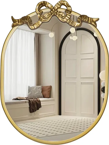 SANY DAYO HOME Espejo ovalado con marco de metal dorado de 16 x 12 pulgadas para colgar en la pared, con lazo decorativo, moderno espejo de cristal