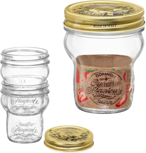 Miniatura 13 de Bormioli Rocco Quattro Stagioni, frasco de cristal para enlatado y botella de bebida, 13.5 Oz. con tapa hermética de metal dorado, hecho en Italia.