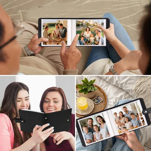 Miniatura 7 de Paquete de 2 álbumes de fotos pequeños de 4 x 4 con tapa de cuero para 64 fotos, libro de álbum de 4 x 4, página interior negra, obras de arte
