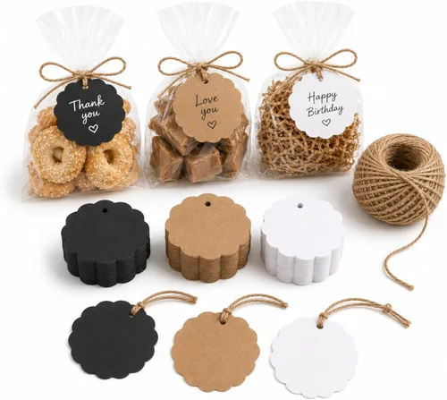 Etiquetas de regalo de papel kraft de 150 quilates con StringTwine negro, blanco, marrón, juego a granel (festoneadas)