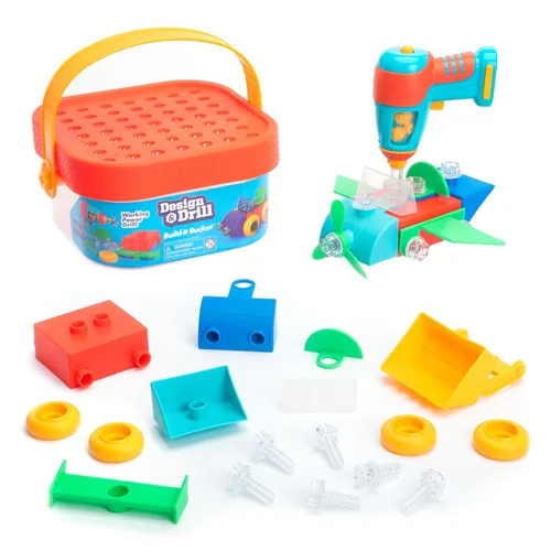 Educational Insights Design & Drill Build-It Bucket con taladro eléctrico de juguete, 41 piezas, juguete STEM preescolar, regalos para niños y
