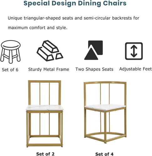 Miniatura 6 de Quarte Moderno juego de mesa de comedor de 7 piezas con mármol sintético, juego de mesa de cocina de metal compacto, diseño de silla triangular