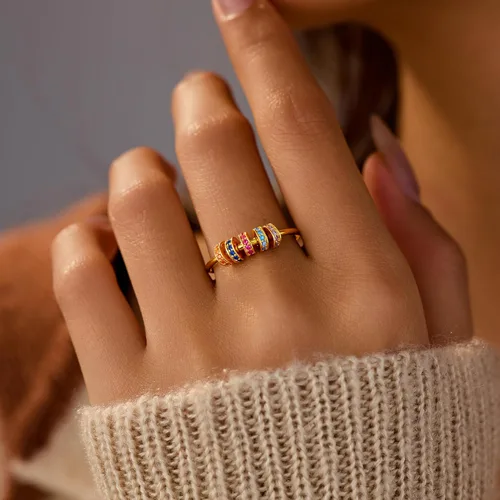 Miniatura 2 de LOVECOM Anillo giratorio de plata de ley S925 antiansiedad, cuentas de circonita cúbica, anillos giratorios para mujeres, delicados anillos chapados