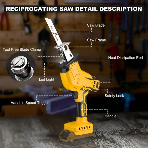Miniatura 12 de Sierra recíproca inalámbrica para batería Dewalt de 20V, sierras recíprocas con motor de escobillas de 150W, velocidad variable de 0-3500 SPM, kit