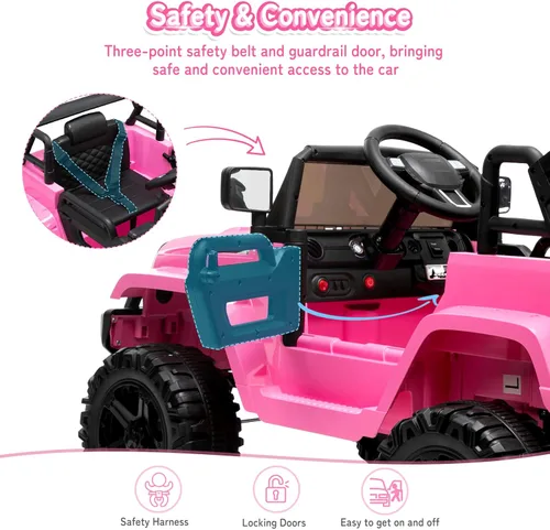 Miniatura 4 de JOYMOR Camión de paseo con control remoto, 4 ruedas de 12 V con batería para niños, con faro LED, botón de bocina, reproductor de MP3, puerto USB