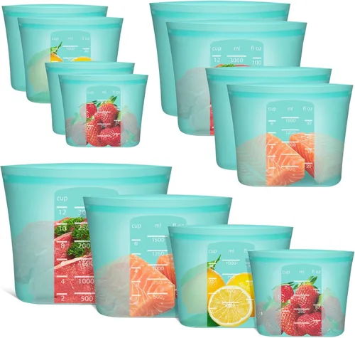 Miniatura 8 de Bolsas de Alimentos Reutilizables, Paquete de 12 Bolsas de Almacenamiento de Alimentos 100% Silicona que se Mantienen de Pie con Cierre Hermético