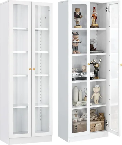 Miniatura 13 de IRONMIX - Vitrina de exhibición moderna con puertas, gabinete curio de metal con estantes, vitrinas de 180 cm de alto para coleccionables