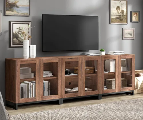 Miniatura 19 de WAMPAT Moderno soporte de TV con puertas de vidrio para televisores de 32 a 40 pulgadas, consola central de entretenimiento con estantes ajustables
