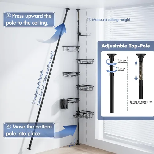 Miniatura 6 de Organizador de Caddy para Ducha con Poste de Tensión, Estante Esquinero de 6 Piezas Resistente al Óxido con Estante de Ducha Ajustable de 30-120