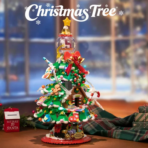 Miniatura 6 de Set de bloques de construcción de árbol de Navidad PANTASY, gran modelo festivo con luces LED incorporadas, bola de cristal en la parte superior