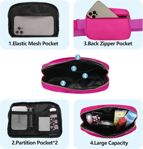 Miniatura 3 de VOROLO Riñonera para mujeres y hombres, bolsa cruzada, bolsa de cinturón con correa ajustable, Magenta, Talla única