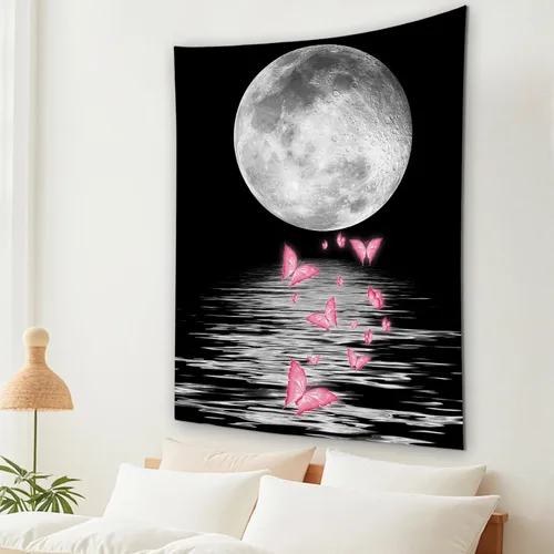 Miniatura 15 de LB Tapiz pequeño de luna llena sobre océano, tapiz de pared de cielo nocturno estrellado, fantasía 3D, arte de pared de luna grande en blanco