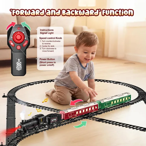 Miniatura 3 de Hot Bee Juego de Tren, Juguetes de Tren con Control Remoto y Pista de Lujo y Vagoneta Iluminada, Tren de Navidad de Metal para Árbol de Navidad