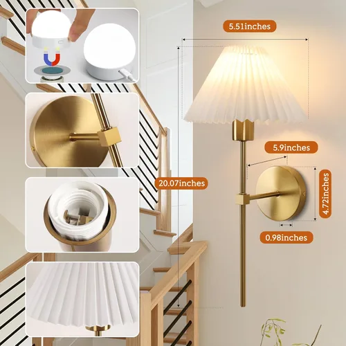 Miniatura 5 de Juego de 2 apliques de pared inalámbricos, pantallas plisadas recargables que funcionan con batería, luces de pared retro industriales doradas