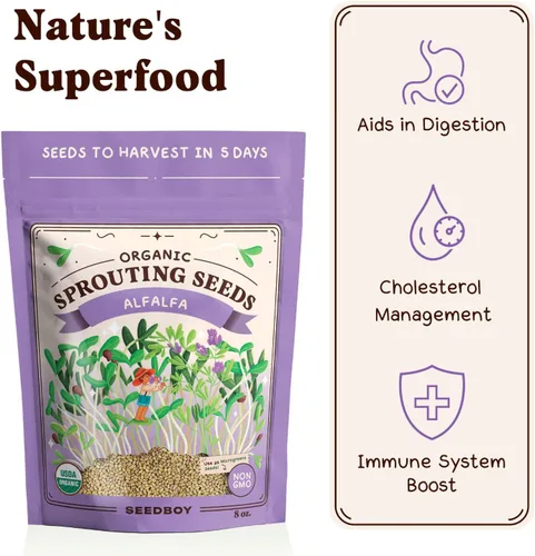 Miniatura 4 de Seedboy Semillas de alfalfa orgánicas sin GMO para germinación - Semillas para brotes de microverdes - Bolsa de 8 oz, produce 8 cuartos / 24