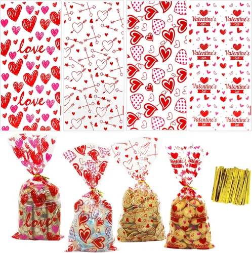 ZMCINER 120 unidades de bolsas de celofán para dulces de San Valentín con lazos giratorios para fiestas y suministros de regalo Valentines