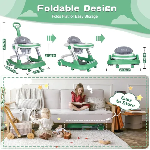 Miniatura 5 de Andador para bebés con ruedas 3 en 1, centro de actividades plegable con ruedas silenciosas, 10 alturas ajustables, centro de actividades anticaídas